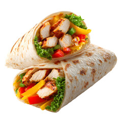Savory Chicken Burrito with Fresh Vegetables on White Background