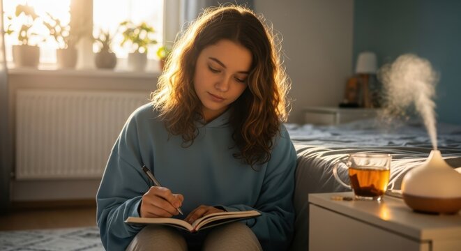 Young woman writing in a notebook on the floor at home. Cozy morning personal plans with tea and air humidifier. - Powered by Adobe