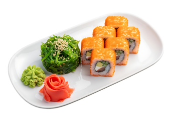 Delicious sushi roll platter with wasabi and ginger isolated on transparent background