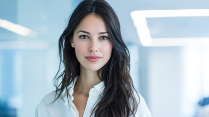 Fototapeta premium Confident Young Professional Woman Posing in Modern Office, Displaying Success and Corporate Leadership