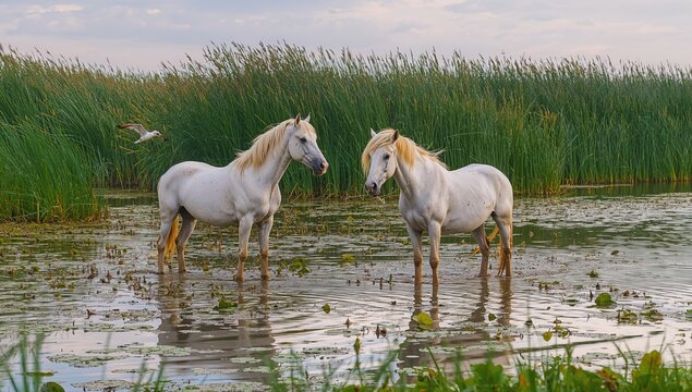 Camargue horses in a marshy landscape, showcasing the importance of preservation