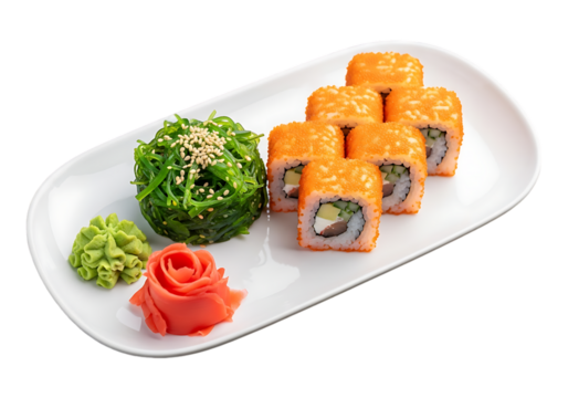 Delicious sushi roll platter with wasabi and ginger isolated on transparent background