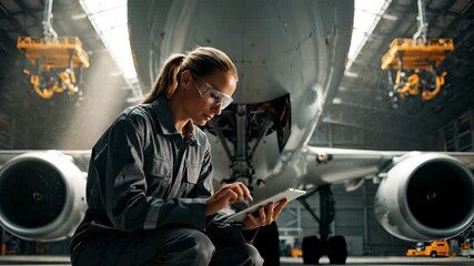 technician performs inspection of aircraft engine in hangar. maintenance log opens on tablet for checklist review. tool and checklist used for diagnostic task. uniform and goggles worn while - Powered by Adobe