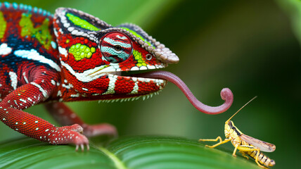 A macro photograph of a vibrant Panther Chameleon hunting a grasshopper.