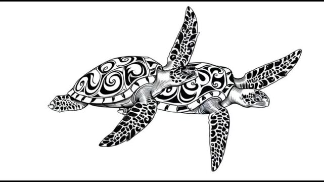 Two turtles with intricate black and white designs on their shells swimming in the ocean water