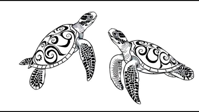 Two sea turtles with intricate designs on their shells swimming in a white background image art