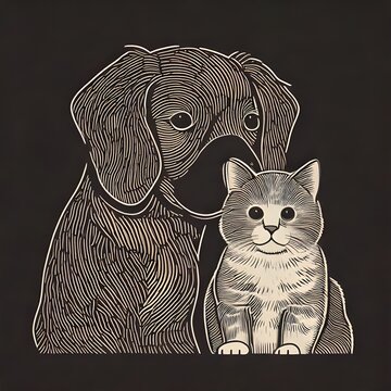 Engraved Dog and Cat Illustration on Black Background.