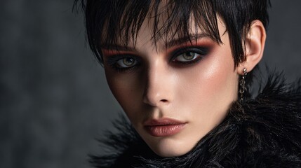 Editorial portrait of young model with dramatic smoky eye makeup and slick hairstyle