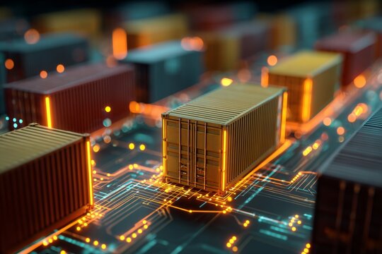 Unveiling global commerce: intricate views of shipping containers. Cognitive computing. Majestic port view with adjusted container positions in international trade. Ai evolution.