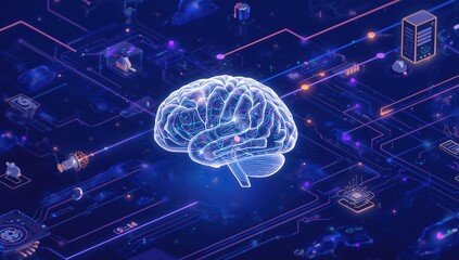 3D Render of a Digital Brain Hologram Representing AI and Deep Learning in Business Technology and Internet Networks