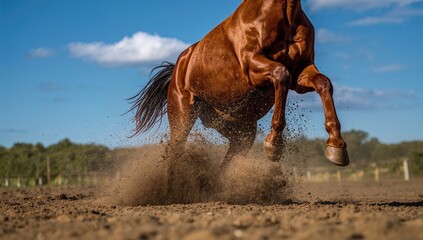 A horse in motion kicking up dirt and sand, dynamic action scene with ample space for text