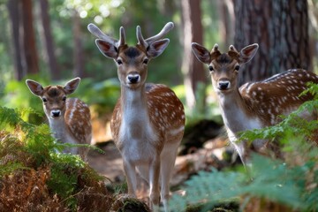 Obraz premium Spotted deer family standing among ferns in a serene forest setting during daytime