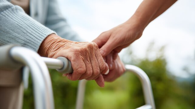 Caregiver Assists Elderly Woman Using Walker Outdoors, Showing Compassion and Support in Healthcare Setting