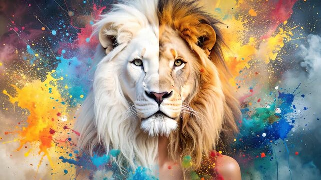 Lion head divided into white and tawny halves with colorful paint splash background, conceptual duality portrait, strong