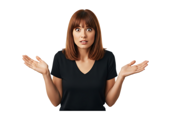 Woman with confused expression and raised hands isolated on transparent background