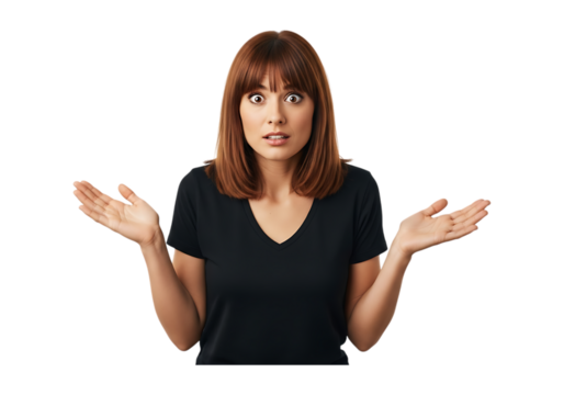 Woman with confused expression and raised hands isolated on transparent background