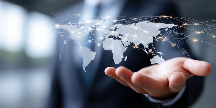 Global Business Network on Hand: Worldwide Connectivity, Communication, International Trade, and Technological Advancement Concept