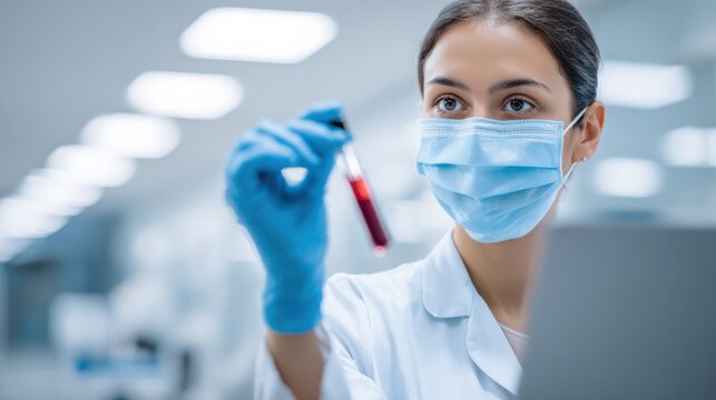 Female medical professional analyzing blood sample in laboratory setting for research and diagnostics during pandemic