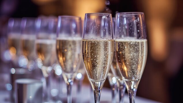 Row of champagne glasses on a table, ideal for celebration and toasting