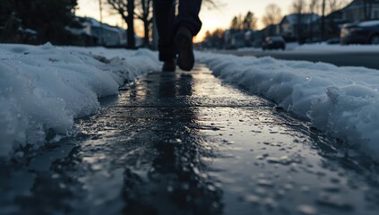 Closeup of an individual navigating slick black ice on a residential sidewalk during winter, highlighting the risk of falls