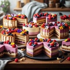 Assortment of Delicious Berry Cakes with Slices Removed, Displayed on a Wooden Table.