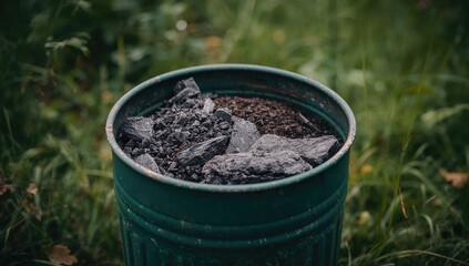 Metal refuse bin designed for mixed waste disposal, including ash and coal cinder. Weekly garbage collection schedule. Photo captured in a rural area.