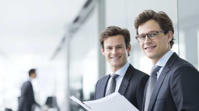 Two Young Professionals Smiling in Modern Office Environment, Reviewing Documents and Planning Business Strategies Together