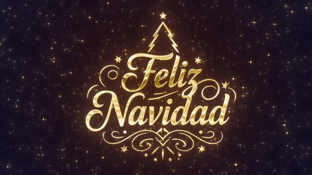 Inscripci&oacute;n brillante y elegante de Feliz Navidad con &aacute;rbol de Navidad dorado y estrellas festivas que brillan sobre un lujoso fondo reluciente ideal para saludos y presentaciones de eventos. NOT AI