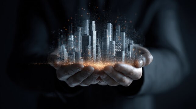 Conceptual Futuristic Cityscape in Hands: Smart City, Innovation, Technology, Sustainability, Urban Development, and Modern Architecture
