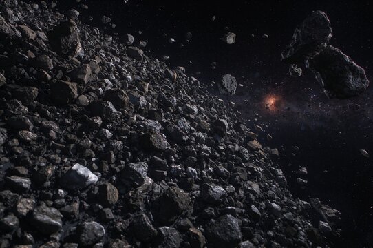 Metallic space rocks orbiting in an asteroid belt, surrounded by cosmic debris. 3D illustration - Powered by Adobe