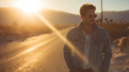 Confident man in casual chic outfit walking through desert road with strong sun flare