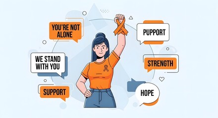 Empowering woman raises orange ribbon symbol of support, hope, and strength for awareness campaigns and community unity