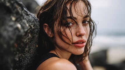 Woman with minimal makeup and wet hair posing by seaside rocks, natural lifestyle shot