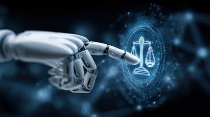 Artificial Intelligence in Law Concept: Robot Hand Touching Hologram of Scales Representing Justice and Legal Services