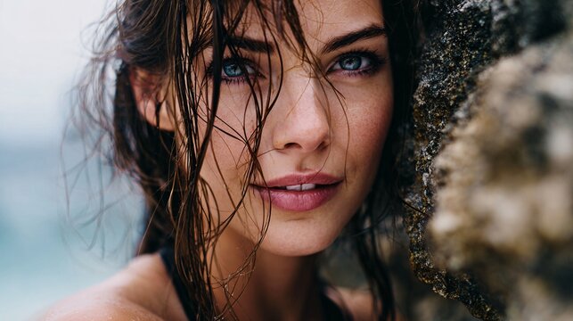 Woman with minimal makeup and wet hair posing by seaside rocks, natural lifestyle shot - Powered by Adobe