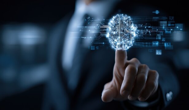 Digital Brain Interface: Businessman Activating Futuristic Neural Network Technology with Finger Touch, Representing AI and Connectivity