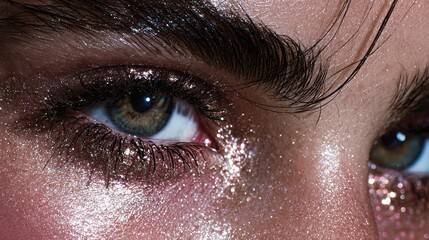Editorial close up of glossy eyes with shimmering makeup, high fashion detail shot
