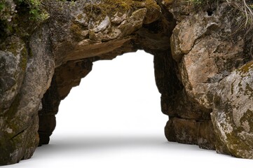 Natural stone archway carved from rock in a forest setting