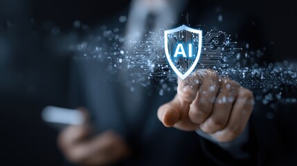 Artificial intelligence security, digital protection with AI shield, future technology concept, system data, and network
