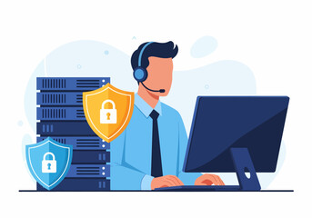 A male IT professional, wearing a headset and tie, works at a computer in an office setting with servers and two security shields featuring padlock icons, symbolizing data protection