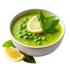 Delicious Fresh Green Pea Soup with Lemon and Herbs in a Bowl