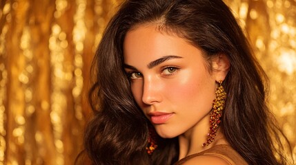 Elegant woman with long earrings posing in front of golden curtain, portrait photography