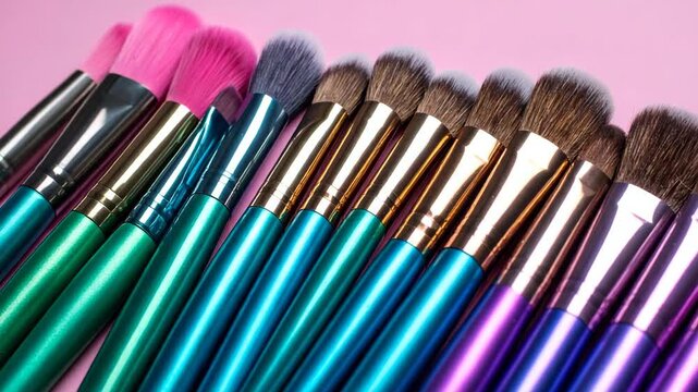 Close up of Colorful Makeup Brushes, Cosmetic Tools on Pink Background