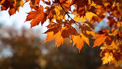 Obraz premium Autumn foliage illuminated by sunlight, creating a natural backdrop for design