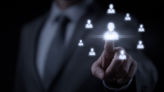 Businessman Touching Virtual Screen Displaying Network of People, Demonstrating Human Resources or Social Media Management
