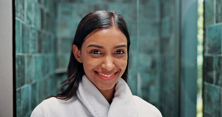 Beauty, hygiene and portrait of happy woman in bathroom of home for daily grooming routine....