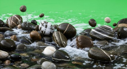 Textured natural stone and rock pebbles in swirling water with bubbles on a green screen. Isolated chroma key effect for composite video.