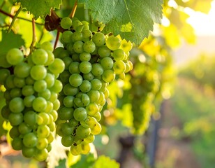 Fototapeta premium Close-up of green grapes hanging from a vine, sunlight illuminating foliage and bunches