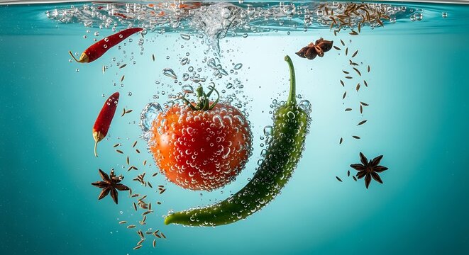 Fresh vegetables and spices submerged in water with bubbles - Powered by Adobe