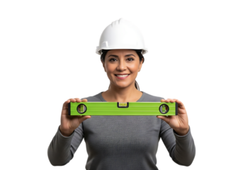 Woman in hard hat holding a spirit level isolated on transparent background